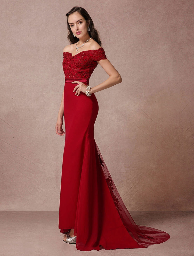Red Evening Dresses  Long Off The Shoulder evening dress Mermaid Backless Evening Dress fishtail Lace Beading Court Train Red Carpet Dress wedding guest dress