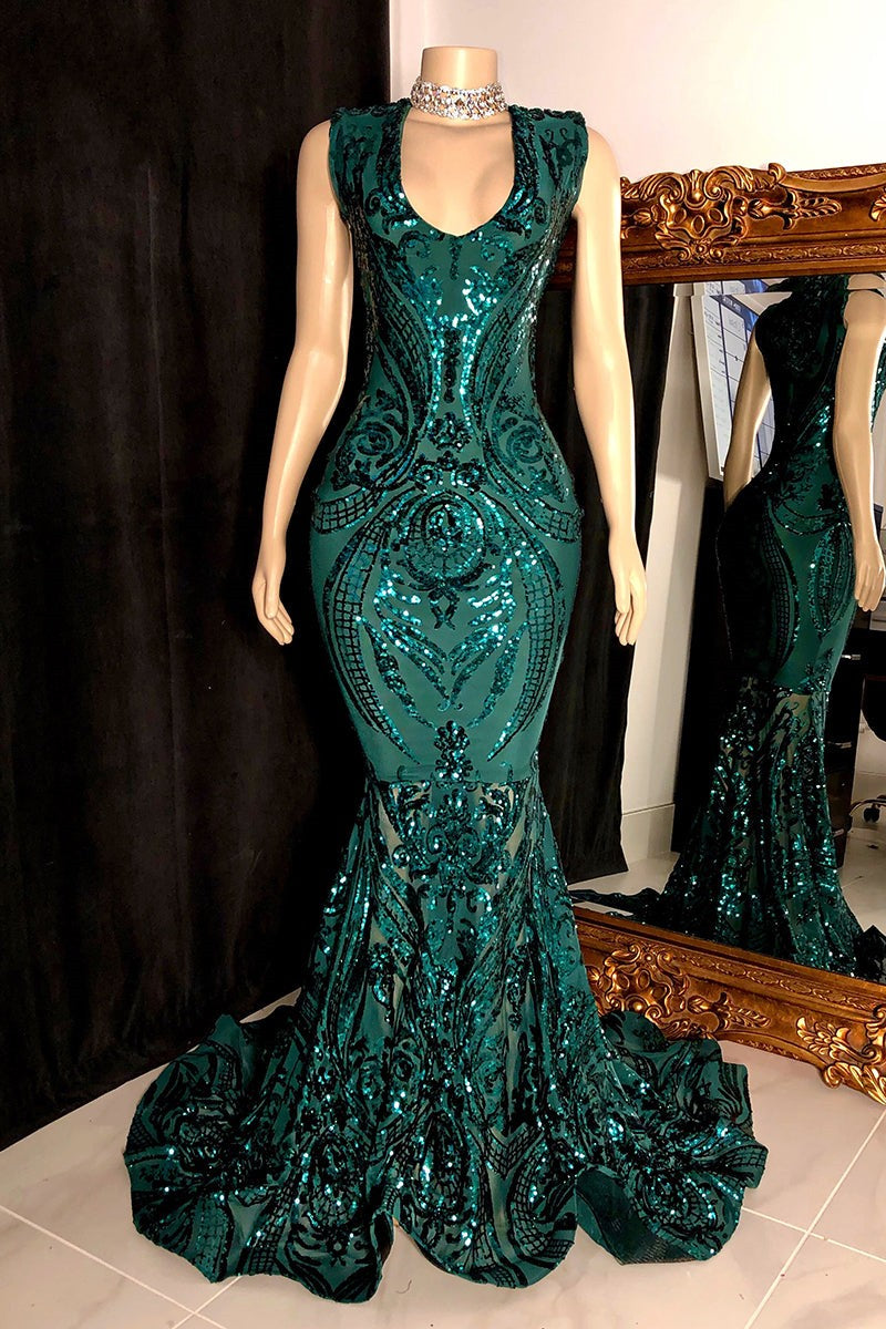 Amazing Sequins Mermaid Prom Dresses Sleeveless V-Neck Online-Ballbella