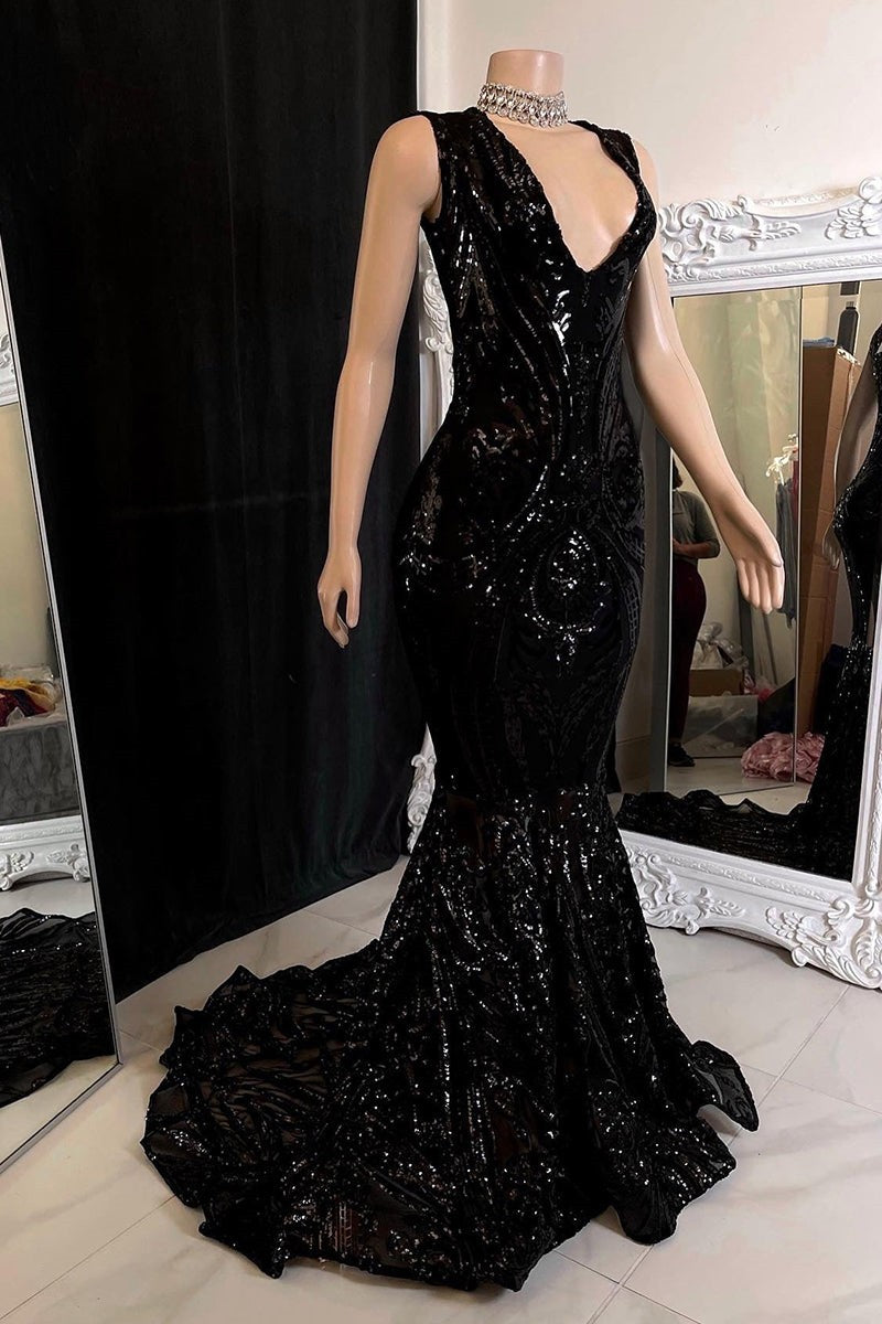 Amazing Sequins Mermaid Prom Dresses Sleeveless V-Neck Online-Ballbella