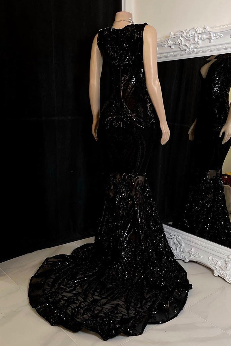 Amazing Sequins Mermaid Prom Dresses Sleeveless V-Neck Online-Ballbella