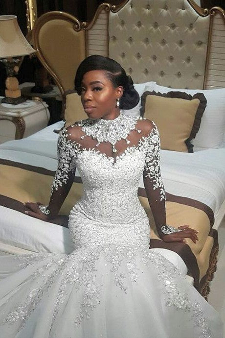AmazingBeads Lace Appliques High Neck Wedding Dress Mermaid Bridal Dress-Ballbella