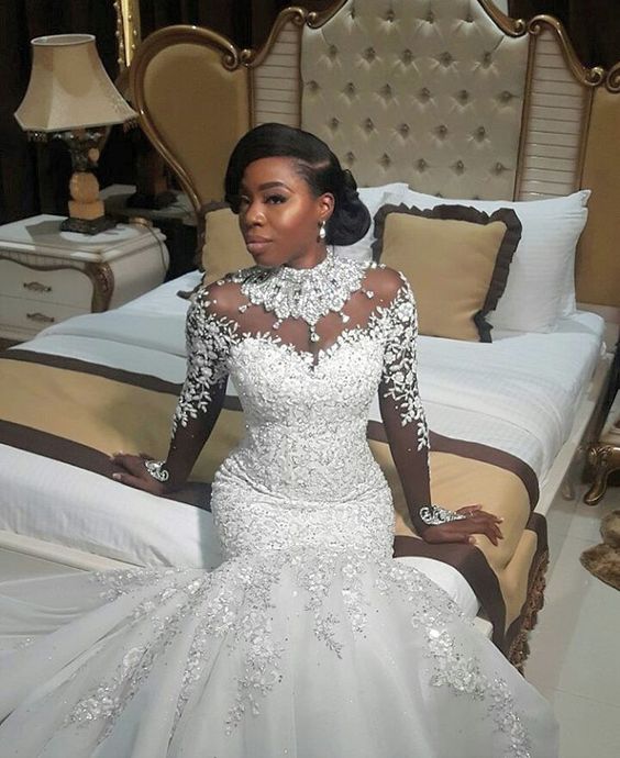 Ballbella custom made AmazingBeads Lace Appliques High Neck Wedding Dress online, 1000+ options, fast delivery worldwide.