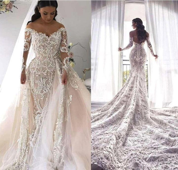 Ballbella custom made you this AmazingIvory Off-the-shoulder Lace Long Sleevess Wedding Dress comes in all sizes and colors. Welcome to pick the most fabulous style today, extra coupons to save a lot.