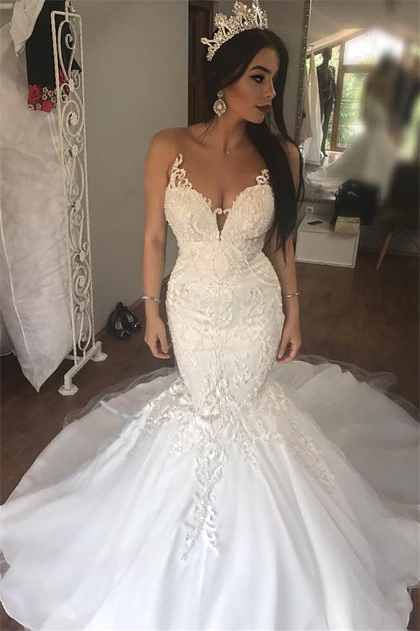 AmazingLace Mermaid Sleeveless Buttons Long Wedding Dress-Ballbella