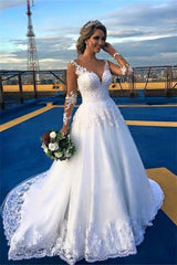 AmazingLace Sweep Train Bridal Gown Long Sleeves Tulle Wedding Dresses-Ballbella