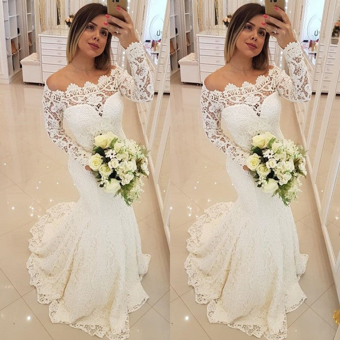 Inspired by this wedding dress at ballbella.com,Mermaid style, and Amazing Lace work? We meet all your need with this Classic AmazingLong Sleeves Appliques Mermaid Wedding Bridal Dress