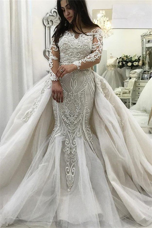 AmazingLong Sleeves Lace Mermaid Bridal Gowns Detachable Train New Arrival Ruffless Bridal Gowns-Ballbella