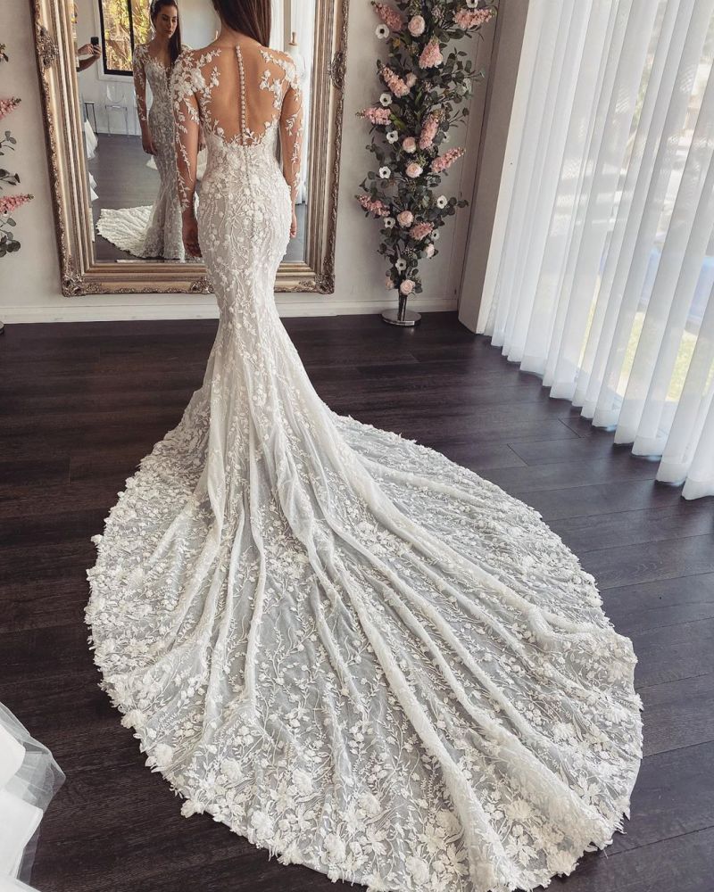 Ballbella offers AmazingLong Train Lace Open back Mermaid White Wedding Dresses online at an affordable price from Tulle,Lace to Mermaid Floor-length skirts. Shop for Amazing Long Sleeves collections for your bridal party.