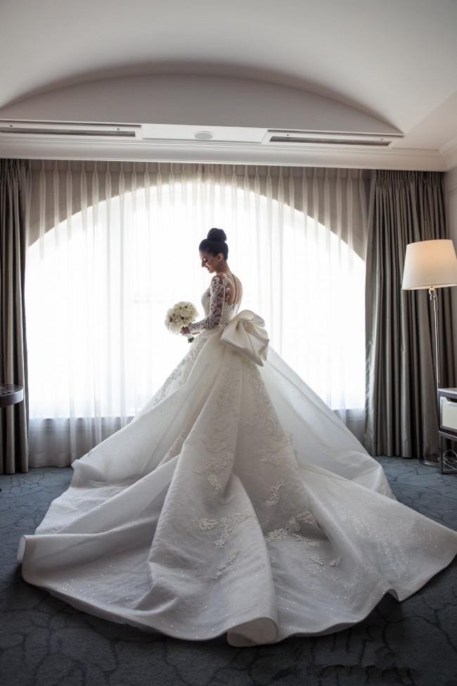 AmazingMermaid Lace Bowknot Wedding Bride Dress Detachable Overskirt Sleeve Bridal Dress-Ballbella