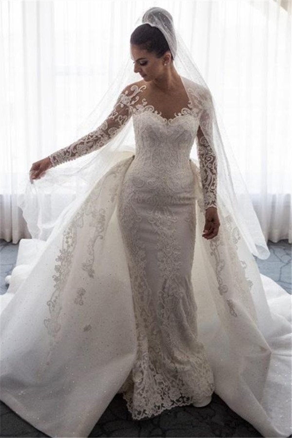 AmazingMermaid Lace Bowknot Wedding Bride Dress Detachable