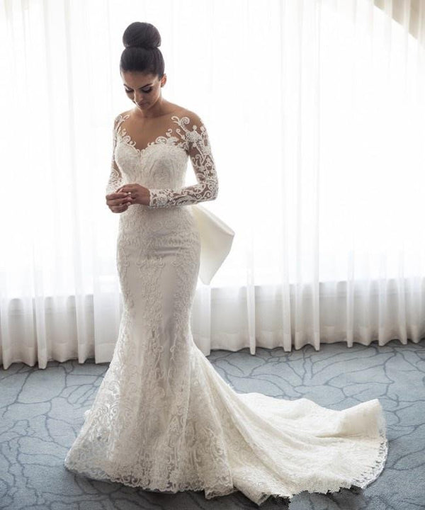 Inspired by this wedding dress at ballbella.com,Mermaid style, and Amazing Lace,Bow work? We meet all your need with this Classic AmazingMermaid Lace Bowknot Wedding Bride Dress Detachable Overskirt Sleeve Bridal Dress.