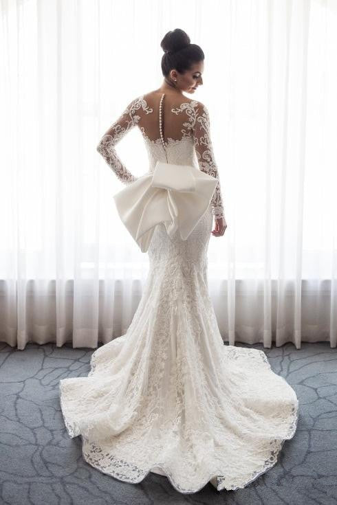AmazingMermaid Lace Wedding Dress with Sleeves Bowknot Detachable Overskirt Bride Dress-Ballbella