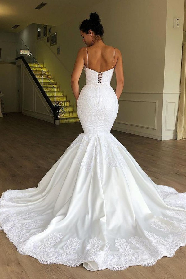 AmazingMermaid Spaghetti Straps Sleeveless Lace Wedding Dresses-Ballbella