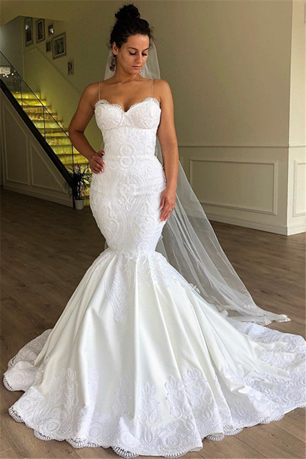 AmazingMermaid Spaghetti Straps Sleeveless Lace Wedding Dresses-Ballbella