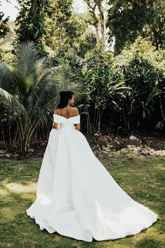 AmazingOff the Shoulder Aline Satin Bridal Gown Garden Wedding Dress-Ballbella