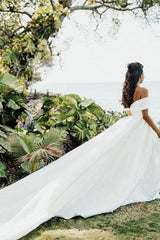 AmazingOff the Shoulder Aline Satin Bridal Gown Garden Wedding Dress-Ballbella