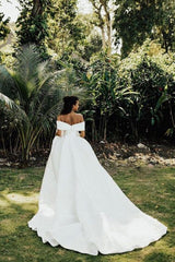 Looking for a dress in Satin, A-line style, and Amazing Lace,Beading work? We meet all your need with this Classic AmazingOff the Shoulder Aline Satin Bridal Gown Garden Wedding Dress.