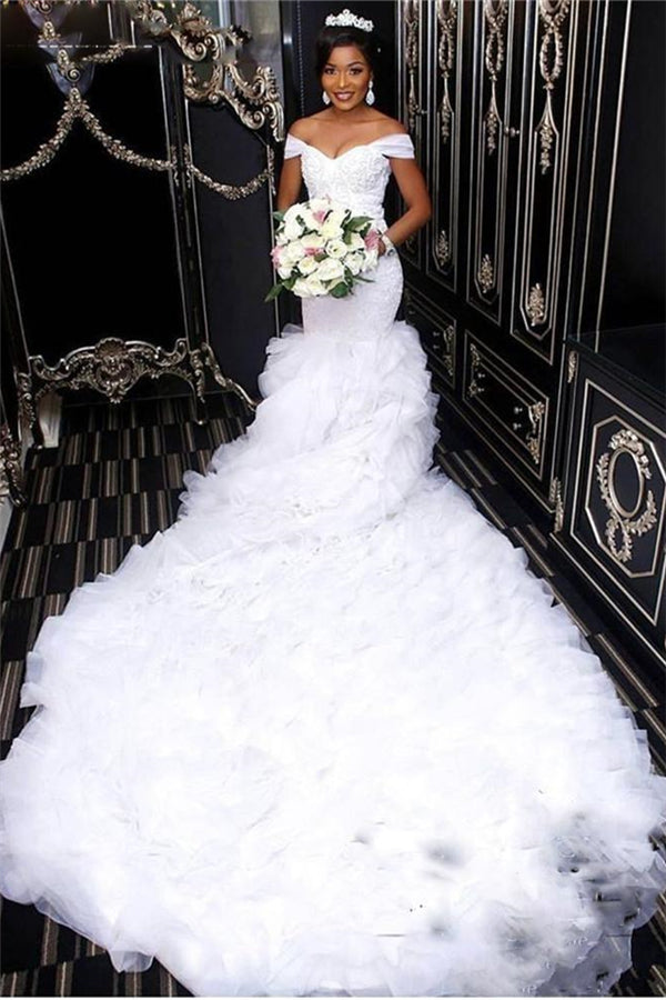 AmazingOff the Shoulder Lace Wedding Dress Mermaid Ruffless Bridal Gowns-Ballbella