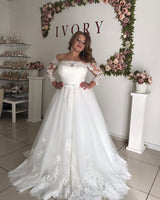 Ballbella offers Amazing Off-the-Shoulder Long Sleevess Lace Princess Plus size wedding dress at factory price from White,Ivory,Champagne,Black, Lace to A-line Floor-length hem.