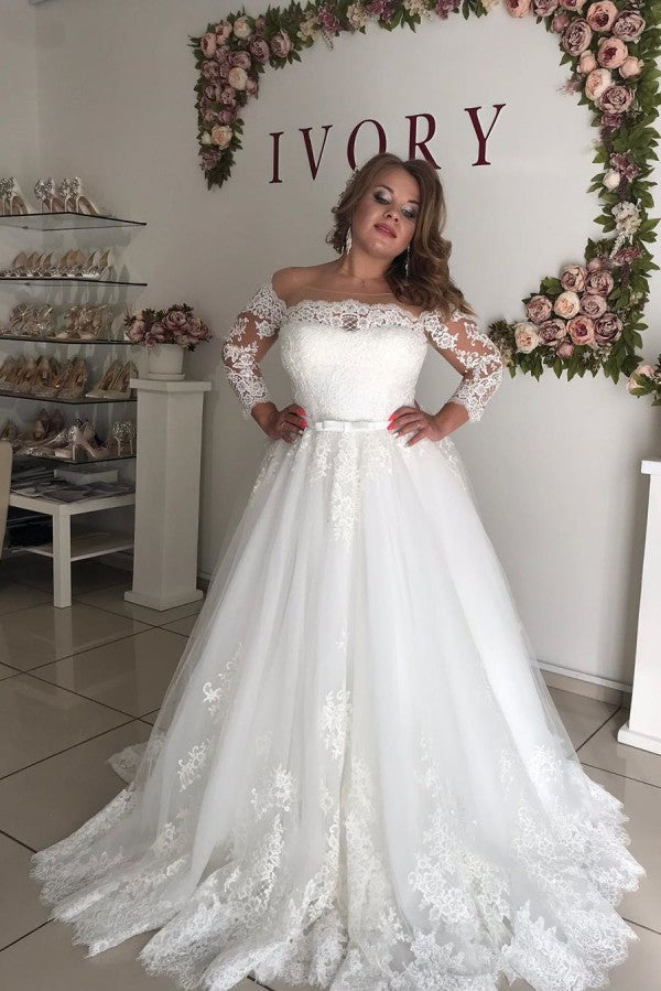 Ballbella offers Amazing Off-the-Shoulder Long Sleevess Lace Princess Plus size wedding dress at factory price from White,Ivory,Champagne,Black, Lace to A-line Floor-length hem.