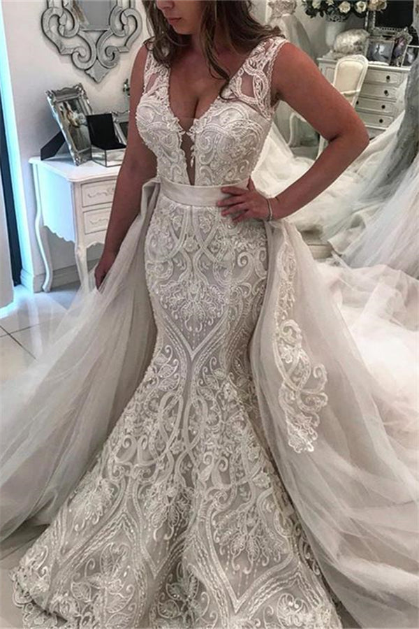 AmazingSleeveless Lace Mermaid Wedding Dress New Arrival Over skirt Bridal Gowns-Ballbella