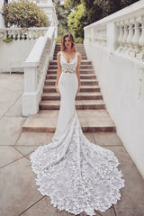 AmazingTrain Sleeveless V neck Lace mermaid wedding dresses-Ballbella