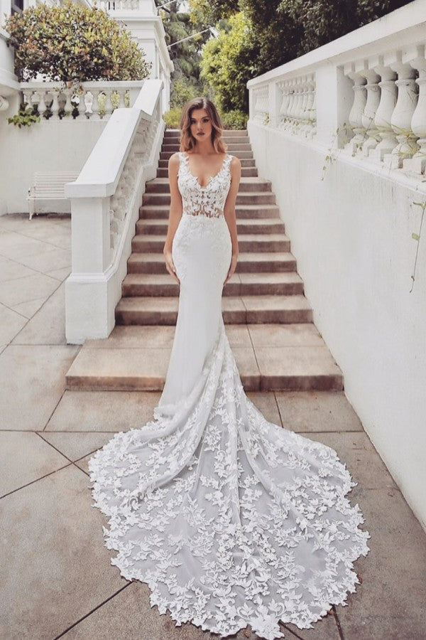 AmazingTrain Sleeveless V neck Lace mermaid wedding dresses-Ballbella