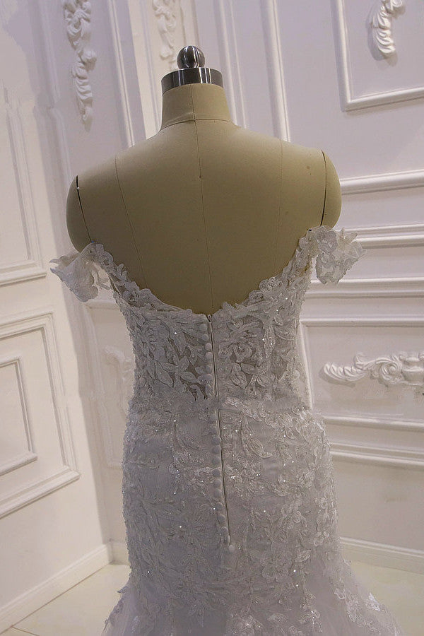 AmazingWhite 3D Lace applique Off the Shoulder Mermaid Bridal Gowns-Ballbella