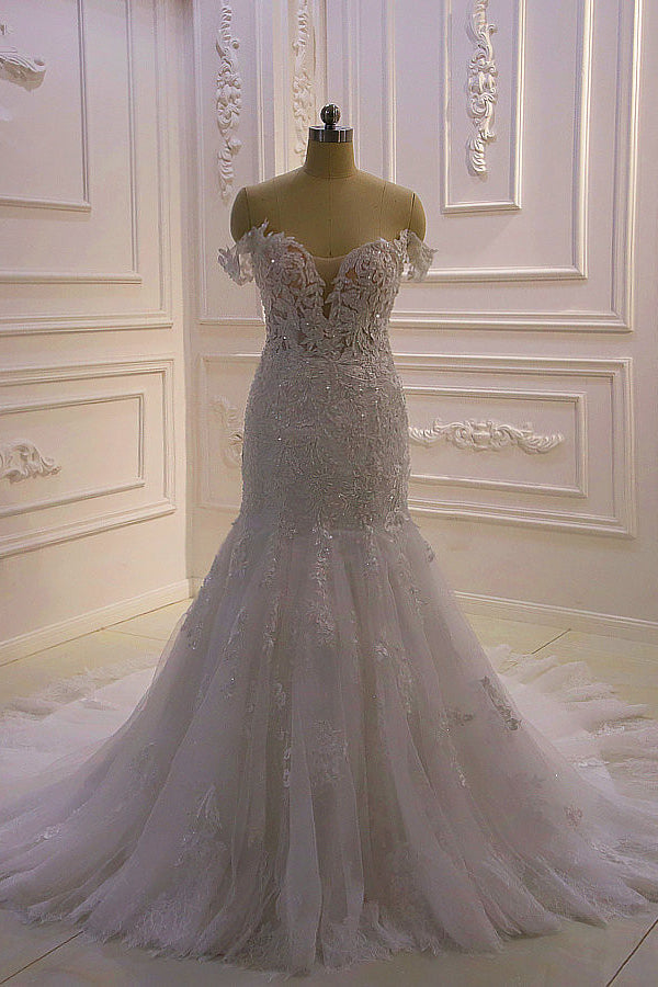 AmazingWhite 3D Lace applique Off the Shoulder Mermaid Bridal Gowns-Ballbella