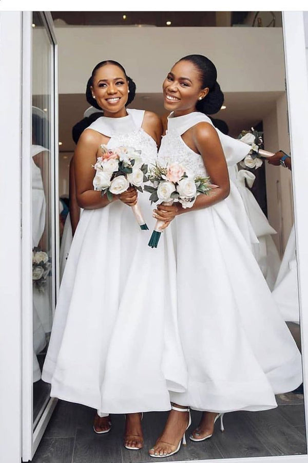 Ankle Length Halter Lace Applique Bridesmaid Dresses With Big Bow At Back A-line Formal Wedding Party Dresses-Ballbella