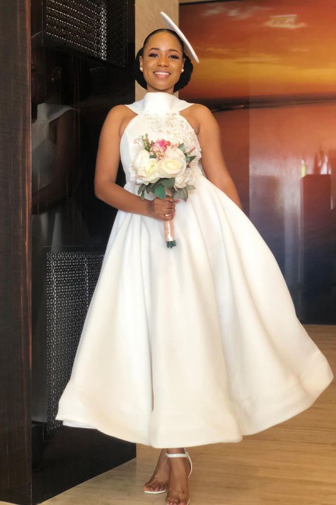 Ankle Length Halter Lace Applique Bridesmaid Dresses With Big Bow At Back A-line Formal Wedding Party Dresses-Ballbella