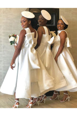 Ankle Length Halter Lace Applique Bridesmaid Dresses With Big Bow At Back A-line Formal Wedding Party Dresses-Ballbella