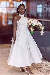 Ankle Length Halter Lace Applique Bridesmaid Dresses With Big Bow At Back A-line Formal Wedding Party Dresses-Ballbella
