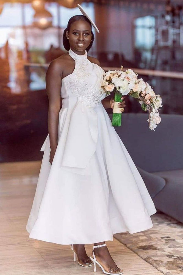 Ankle Length Halter Lace Applique Bridesmaid Dresses With Big Bow At Back A-line Formal Wedding Party Dresses Ankle Length Halter Lace Applique Bridesmaid Dresses With Big Bow At Back A-line Formal Wedding Party Dresses