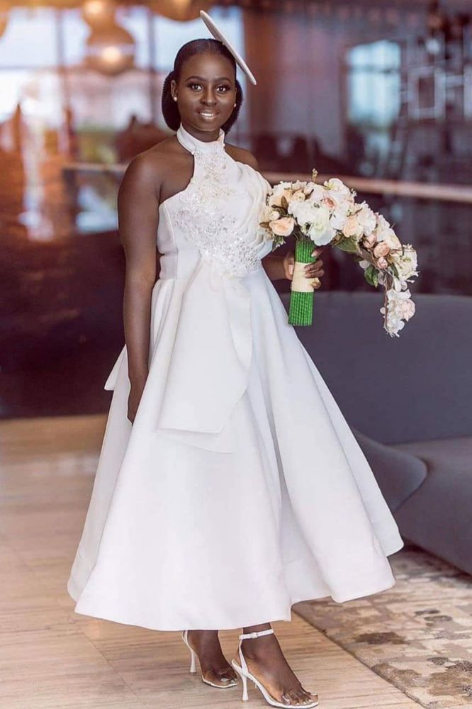 Ankle Length Halter Lace Applique Bridesmaid Dresses With Big Bow At Back A-line Formal Wedding Party Dresses-Ballbella