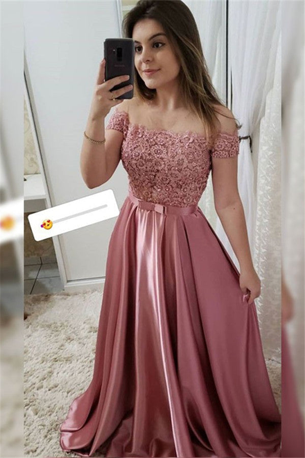 Still not know where to get your event dresses online? Ballbella offer you new arrival Applique Off-the-Shoulder Prom Dresses Beads Sleeveless Evening Dresses with Bow-knot Belt at factory price,  fast delivery worldwide.