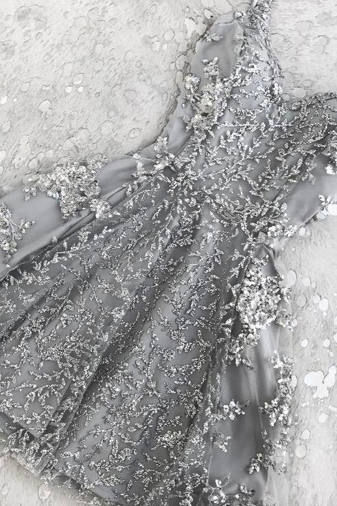 Appliques Silver Short Homecoming Dresses Beads Hoco Dress On Sale-Ballbella