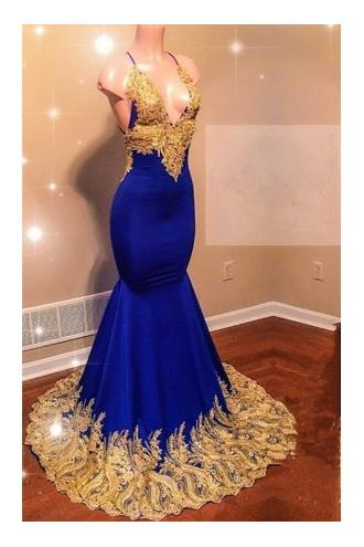Appliques Spaghetti Sleeveless V-neck Mermaid Prom Dresses-Ballbella