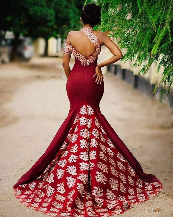 Looking for Prom Dresses, Evening Dresses in Stretch Satin,  Mermaid style,  and Gorgeous work? Ballbella has all covered on this elegant Asymmetric Halter Appliques Court Train Burgundy Mermaid Prom Gowns.