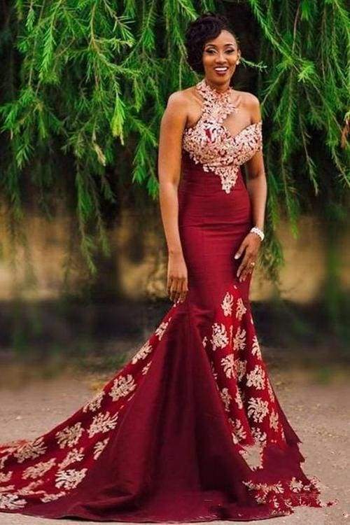 Looking for Prom Dresses, Evening Dresses in Stretch Satin,  Mermaid style,  and Gorgeous work? Ballbella has all covered on this elegant Asymmetric Halter Appliques Court Train Burgundy Mermaid Prom Gowns.