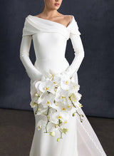 Asymmetrical Long Sleeves Elastic Satin Wedding Dresses-Ballbella
