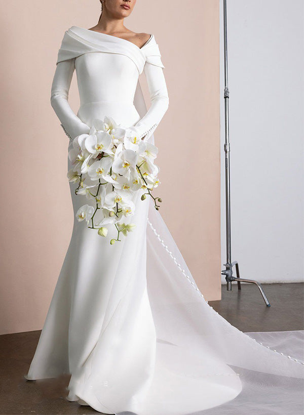 Asymmetrical Long Sleeves Elastic Satin Wedding Dresses-Ballbella
