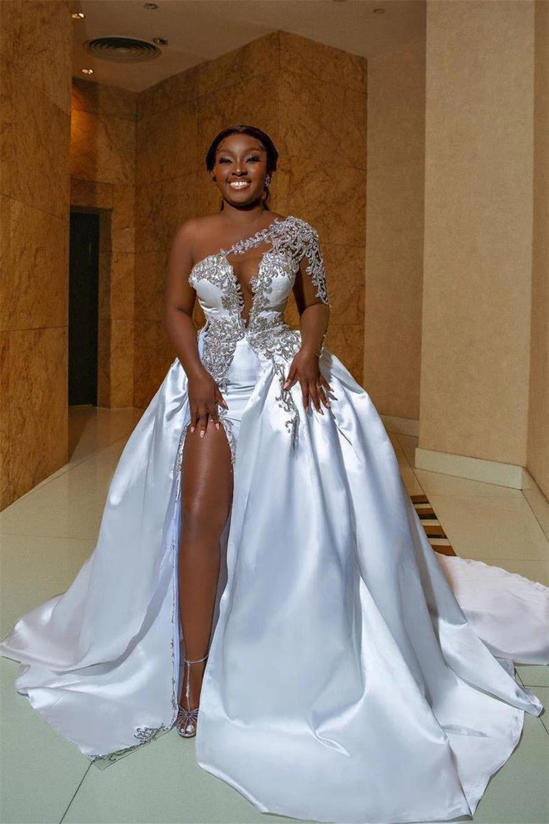 Asymmetrical Mermaid High Split One Shoulder Floor-length Long Sleeve Open Back Appliques Lace Wedding Dresses Asymmetrical Mermaid High Split One Shoulder Floor-length Long Sleeve Open Back Appliques Lace Wedding Dresses