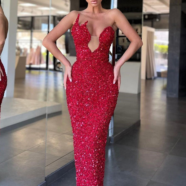 Asymmetrical Mermaid Off-The-Shoulder Sequined Floor-Length Open Back Prom Dress
