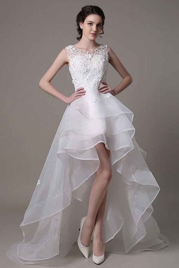 Asymmetrical Organza Wedding Dress High Low A-Line With Lace Beading Flower Exclusive-Ballbella