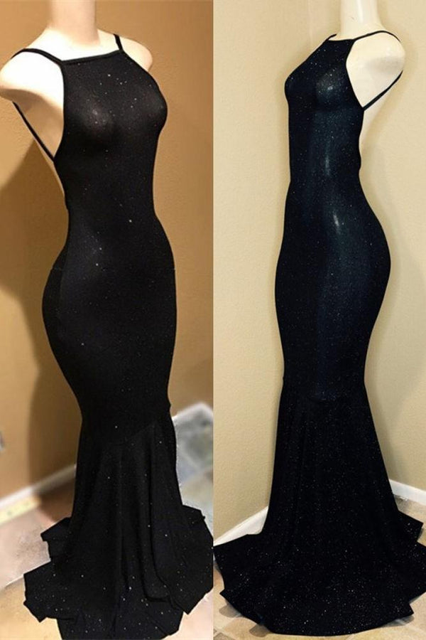Backless black prom dress, sequins evening gowns-Ballbella