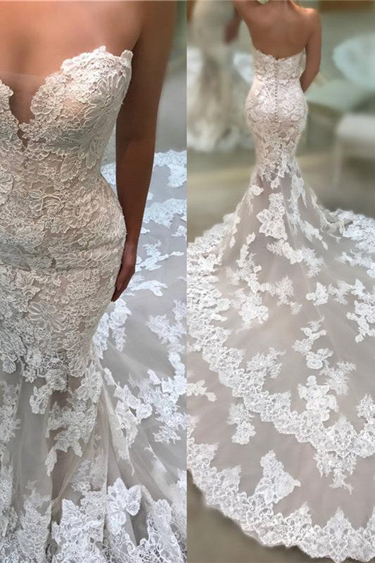 Backless Strapless Modern Mermaid Wedding Dresses Cathedral Train Lace Dresses for Weddings-Ballbella