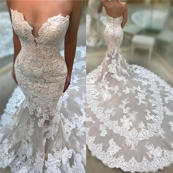 Custom made this latest Backless Strapless Modern Mermaid Wedding Dresses Cathedral Train Lace Dresses for Weddings on Ballbella. We offer extra coupons, make in and affordable price. We provide worldwide shipping and will make the dress perfect for everyoneone.