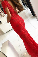 Backless V-neck Short Sleeves Lace Prom Dress Mermaid Red Long-Ballbella