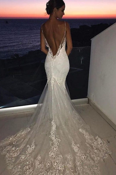Backless Wedding Dresses Lace Mermaid Modern Spaghetti Straps Bride Dress Backless Wedding Dresses Lace Mermaid Modern Spaghetti Straps Bride Dress
